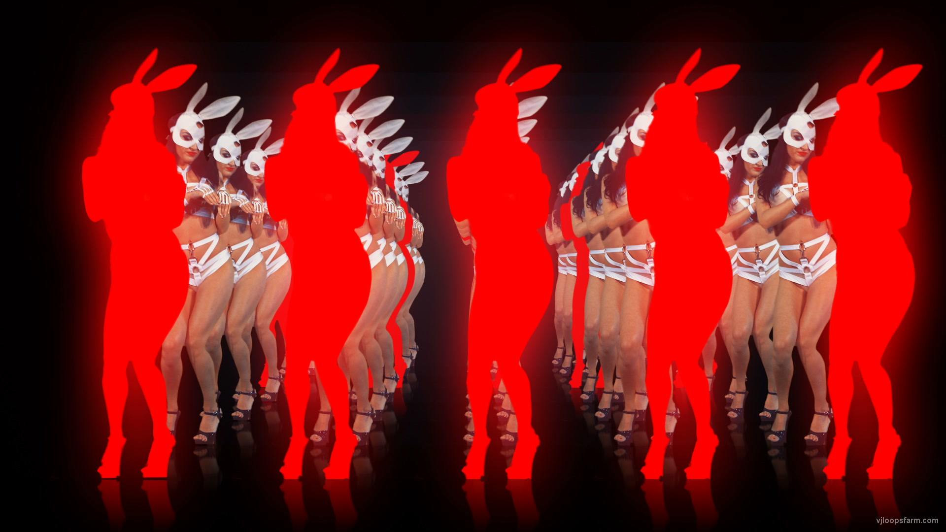 Multiple sexy female disco gogo dancer in rabbit costume hops on black and red background VJ Loop