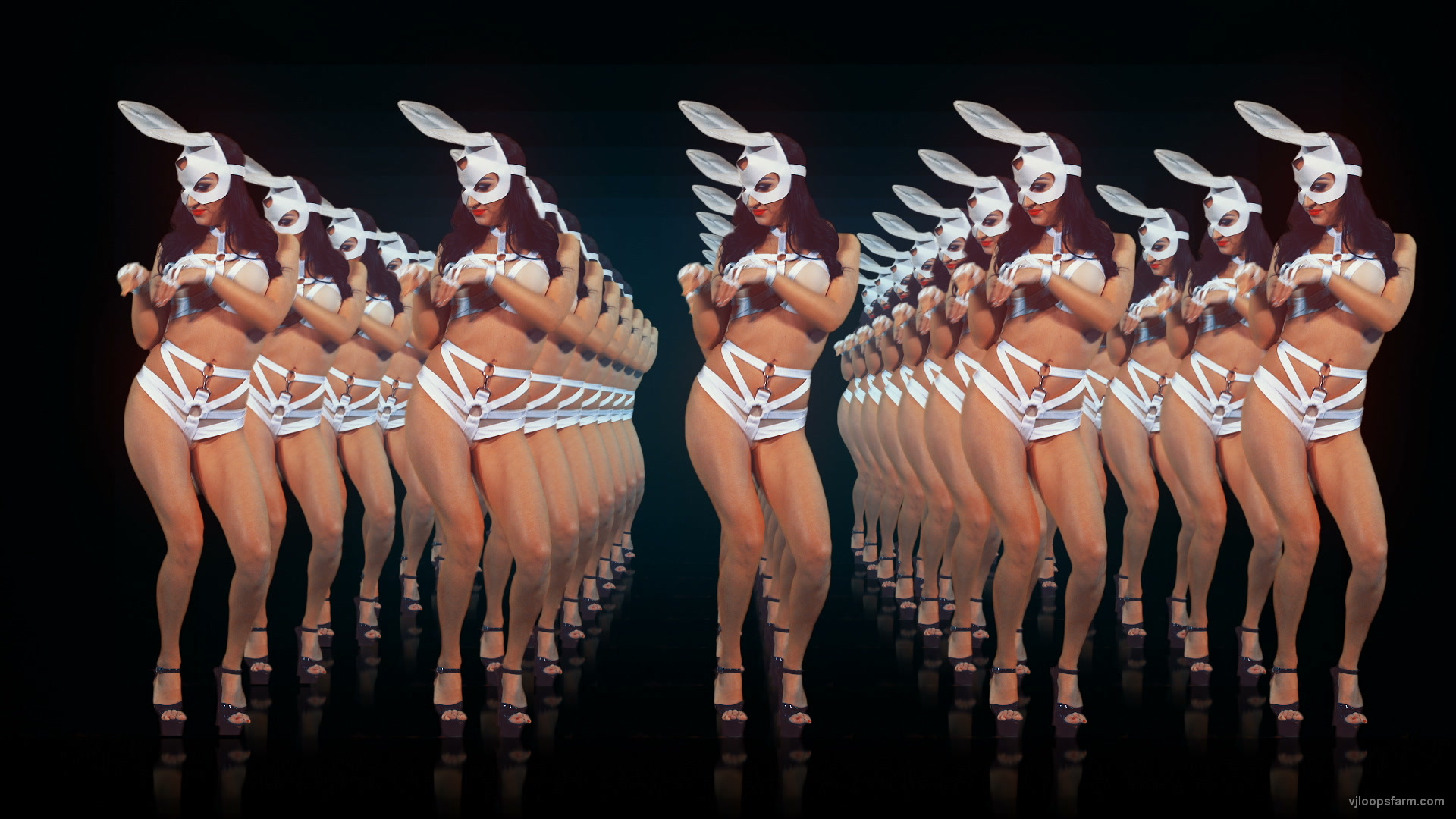 Multiple sexy female disco gogo dancer in rabbit costume hops on black and red background VJ Loop