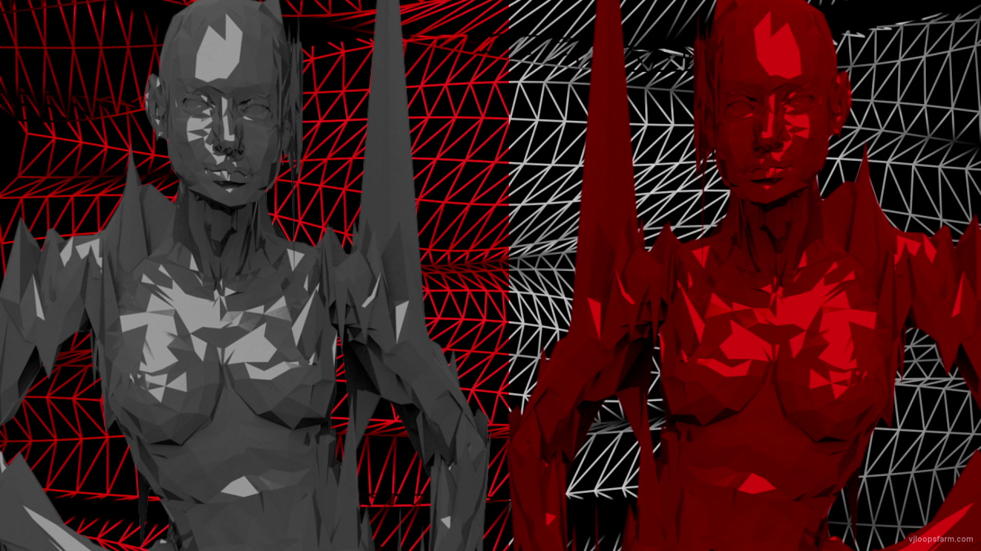 Red white polygonal animated 3d model on wire motion background glitch video art vj loop