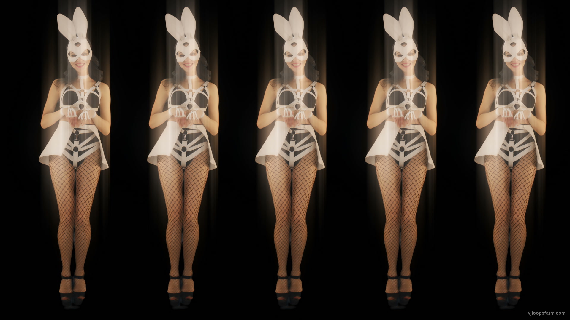 Five jumping Girls in Bunny Mask isolated on Black background 4K Video Art VJ Loop