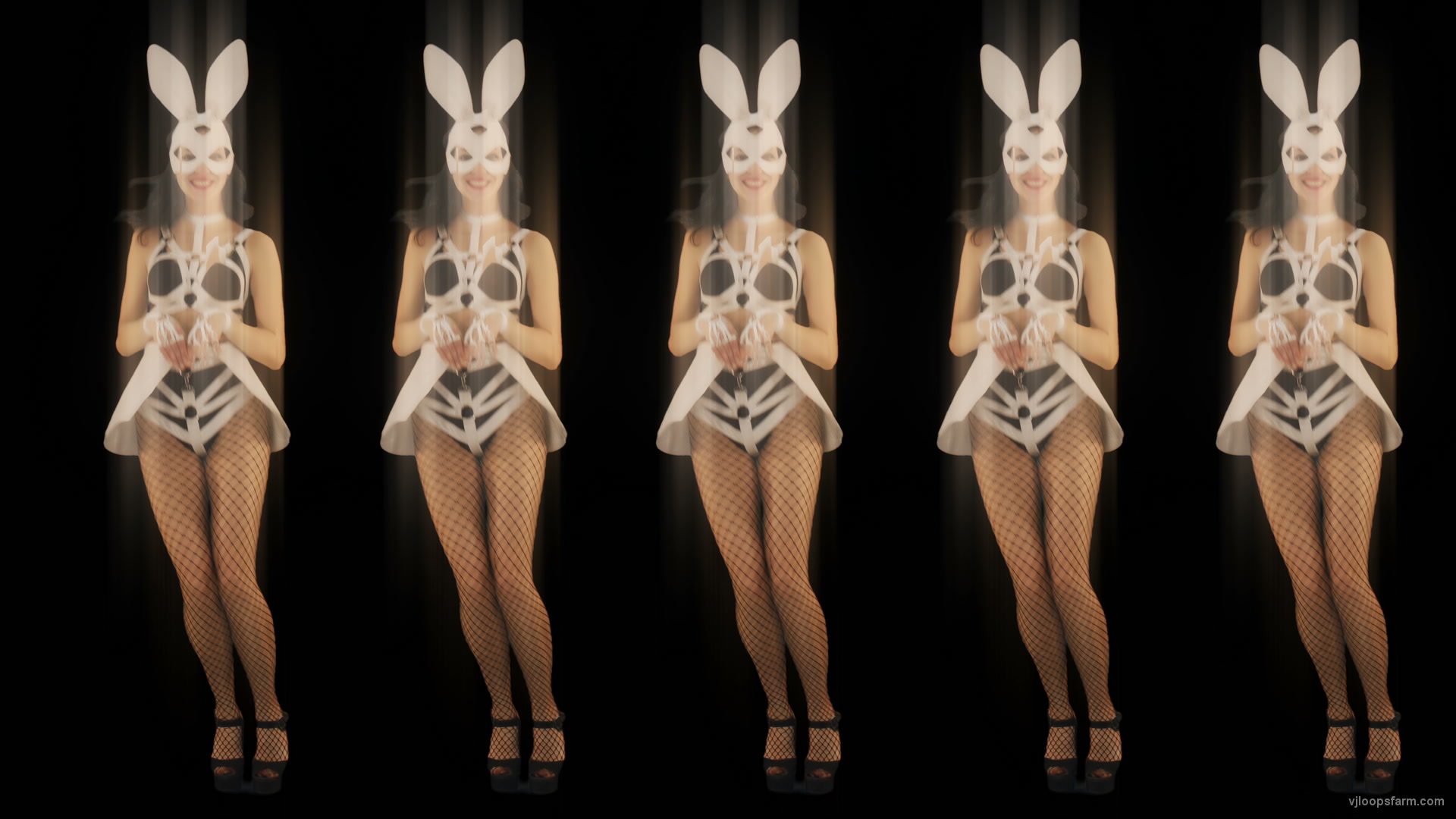 Five jumping Girls in Bunny Mask isolated on Black background 4K Video Art VJ Loop