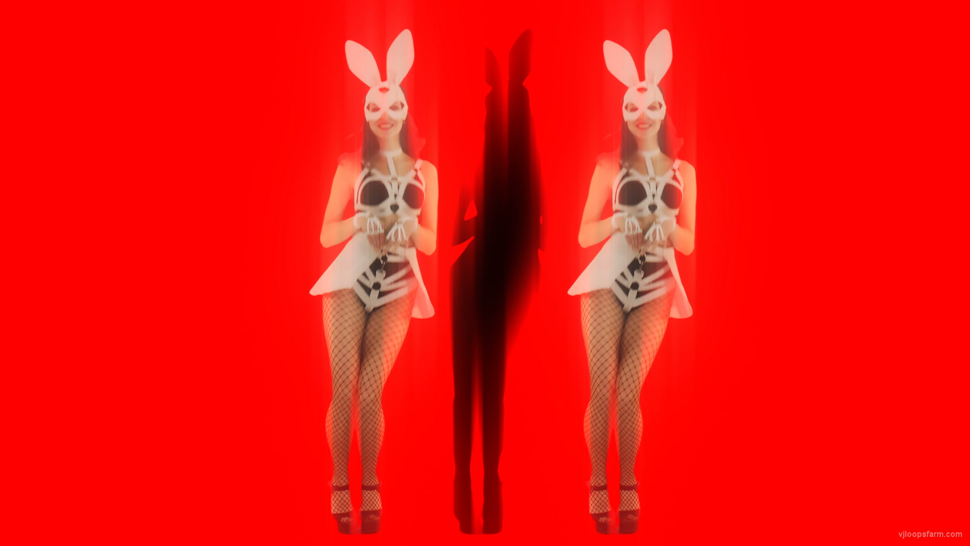 Red Triada Position Rabbit Girls jumping on strobing background 4K Video Art VJ Loop