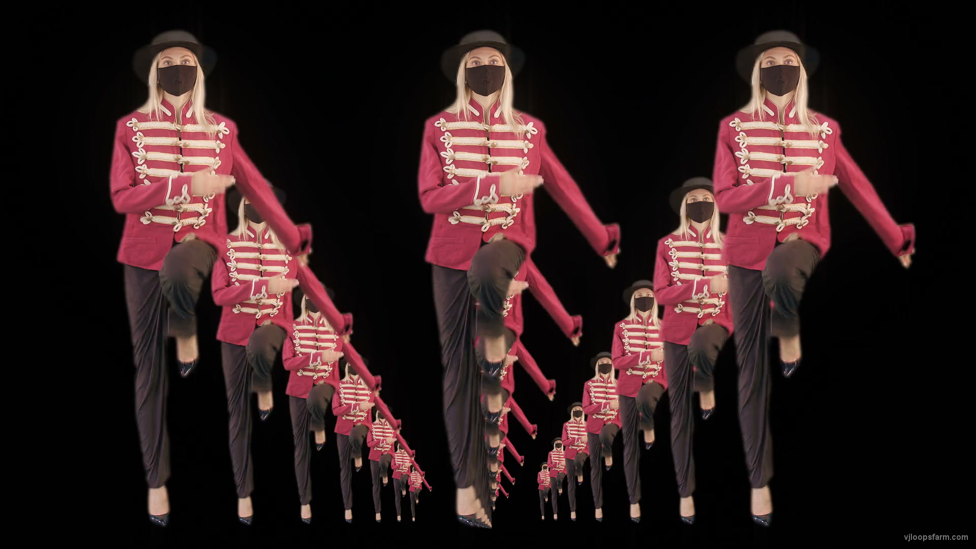 Tunnel Three Red Girls In Mask Empire royal woman marching Video Art 4K VJ Footage Looped
