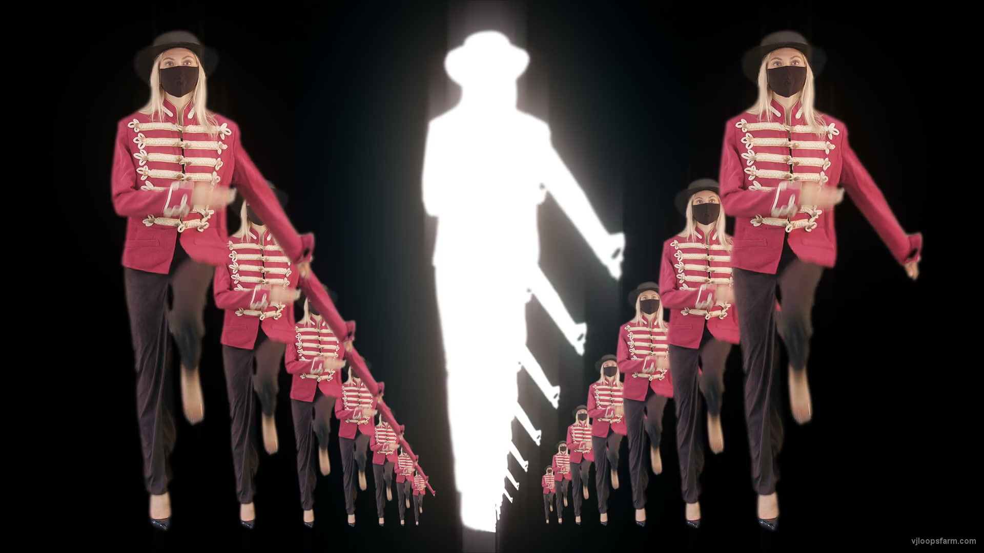 Tunnel Three Red Girls In Mask Empire royal woman marching Video Art 4K VJ Footage Looped