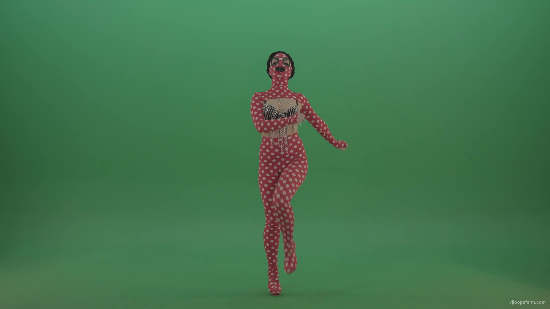 Beauty red dress girl march in front view isolated on green screen