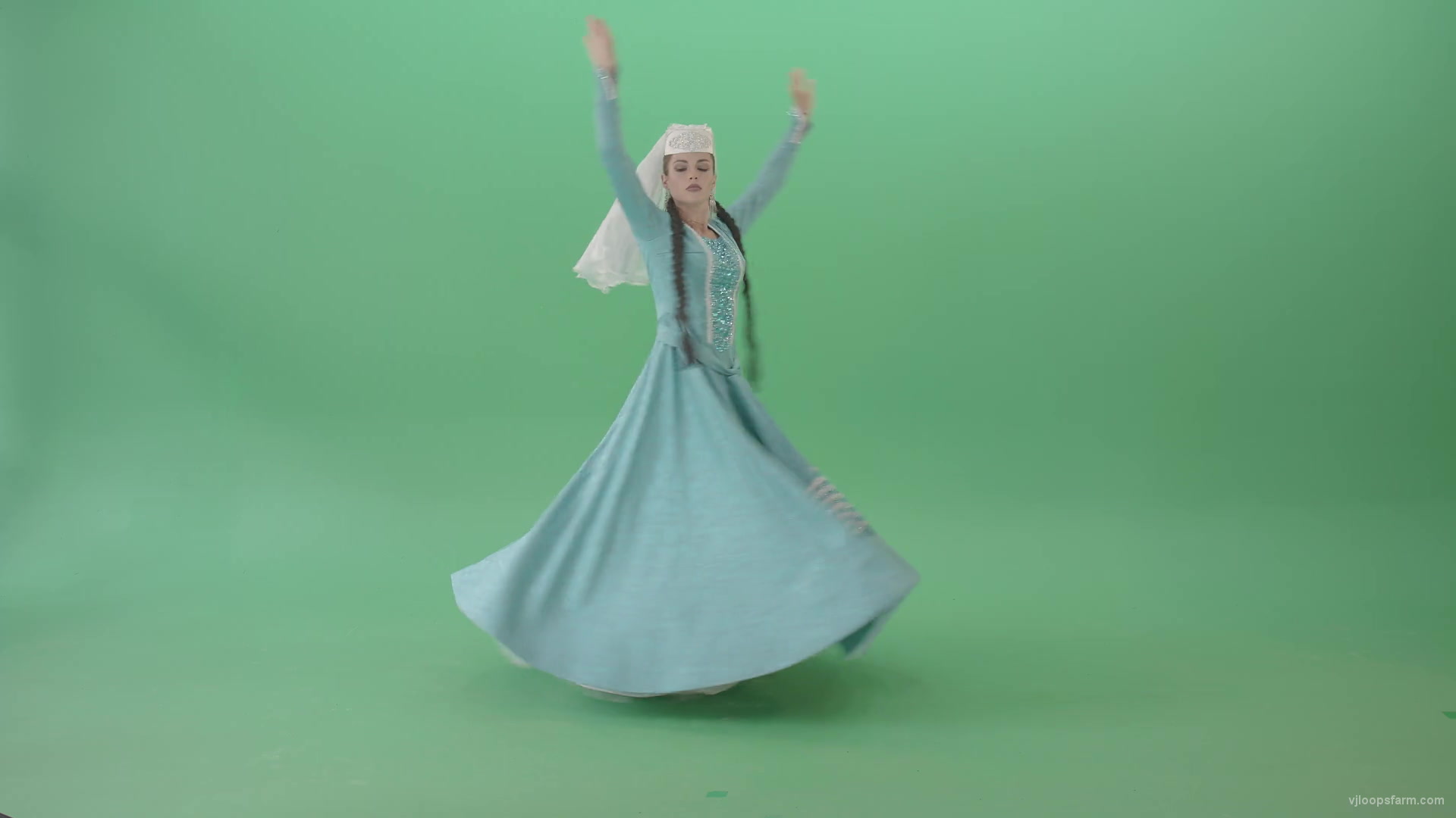 Caucasian Girl spinning in Georgian dance on Green Screen