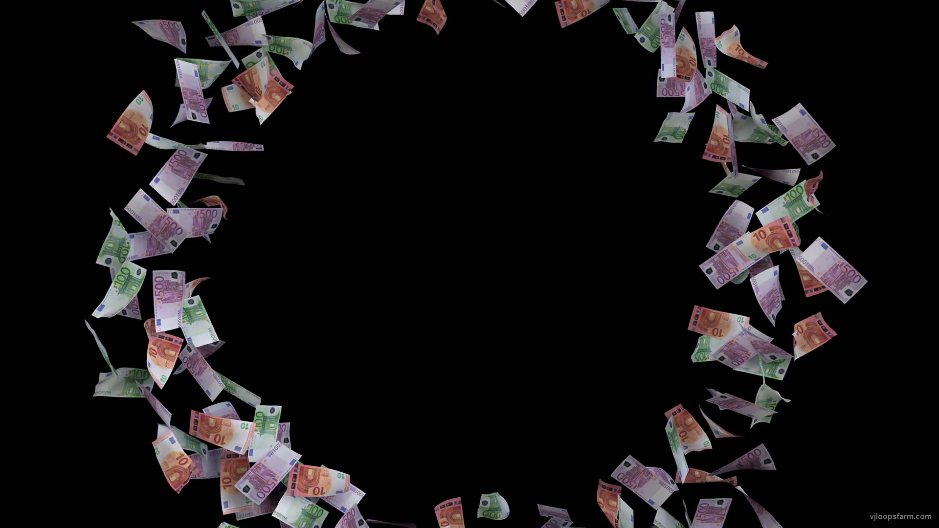Big circle of euro bills money rotating on black background