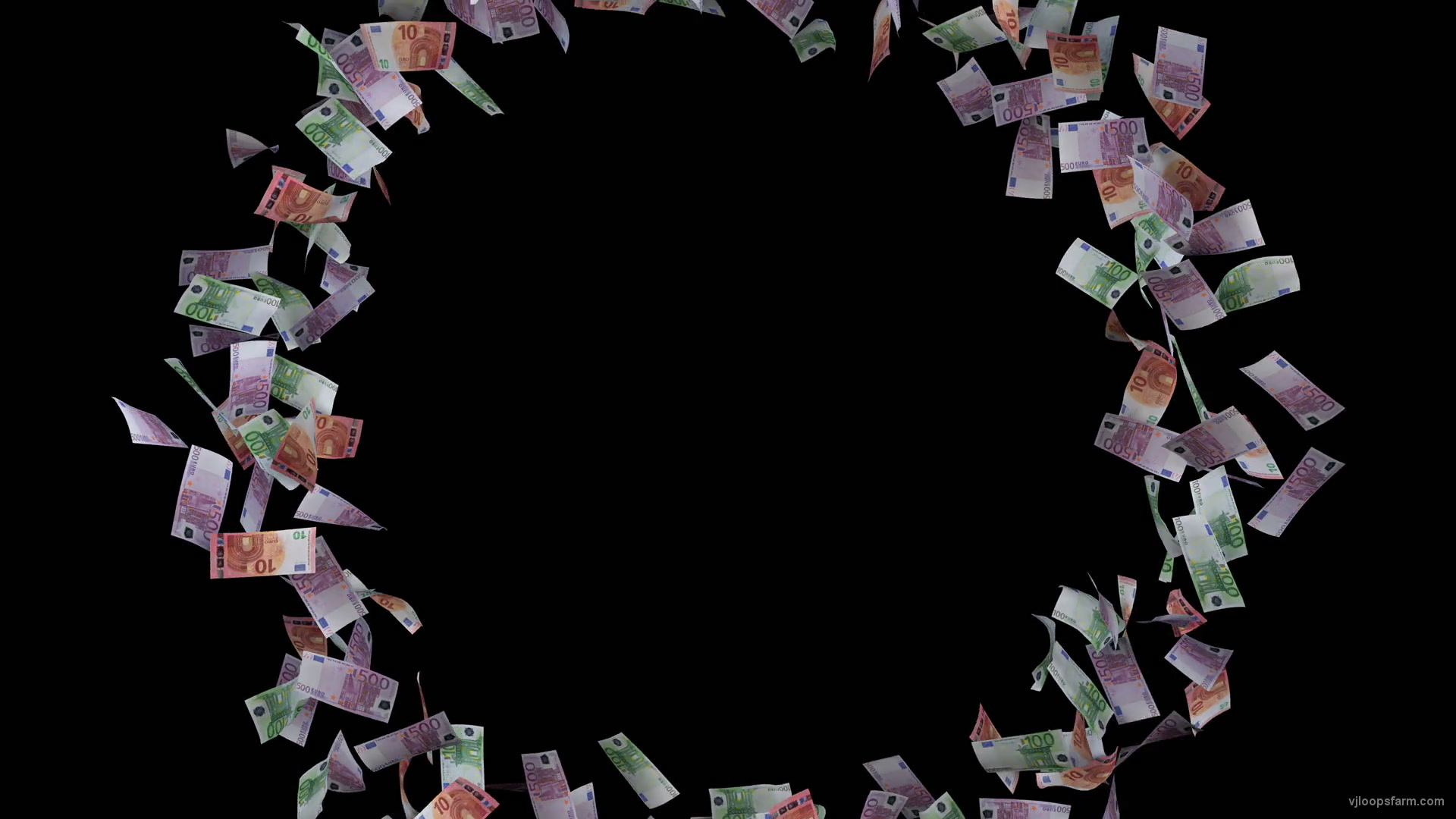 Big circle of euro bills money rotating on black background