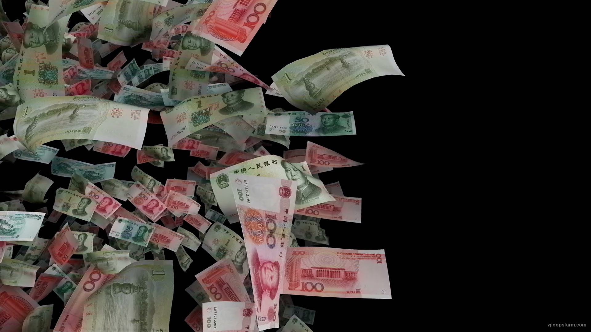 Chinese yuans bills 3D rotating movement on black background