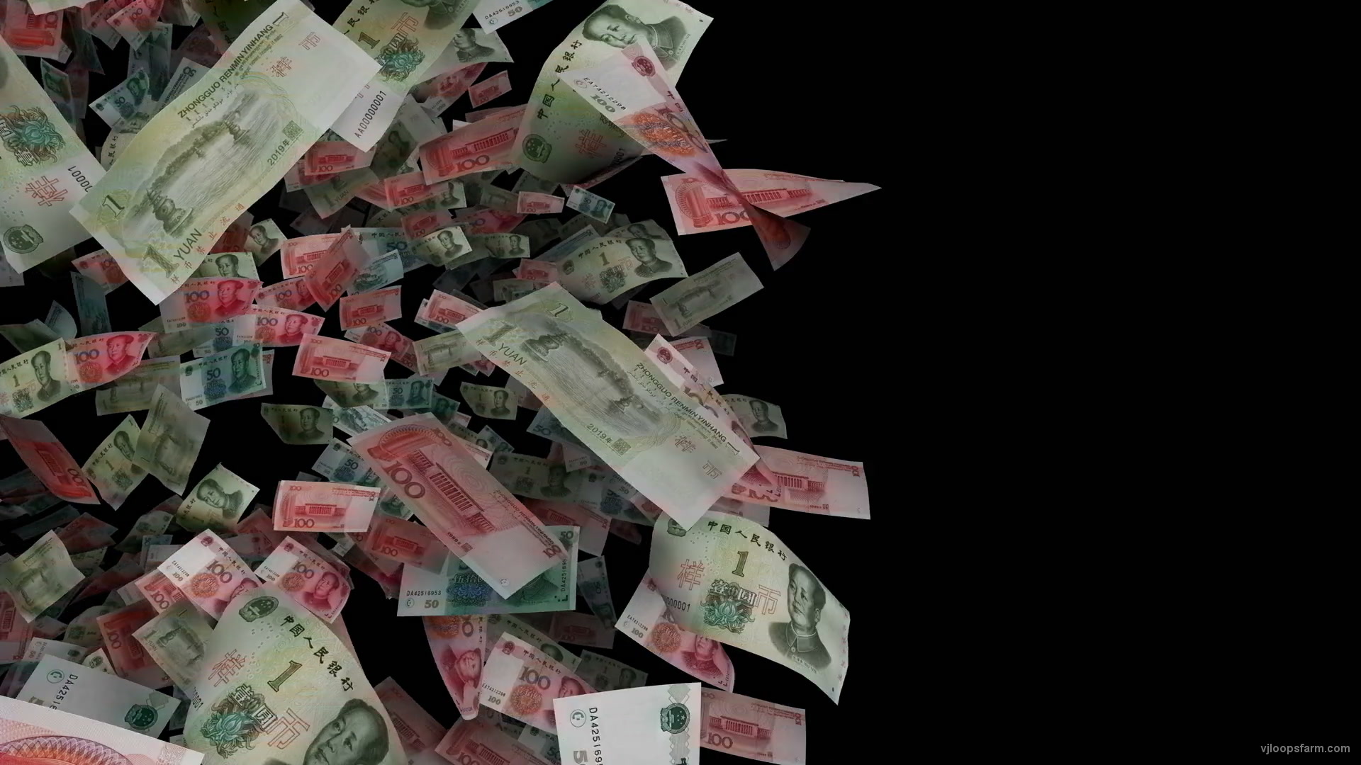 Chinese yuans bills 3D rotating movement on black background