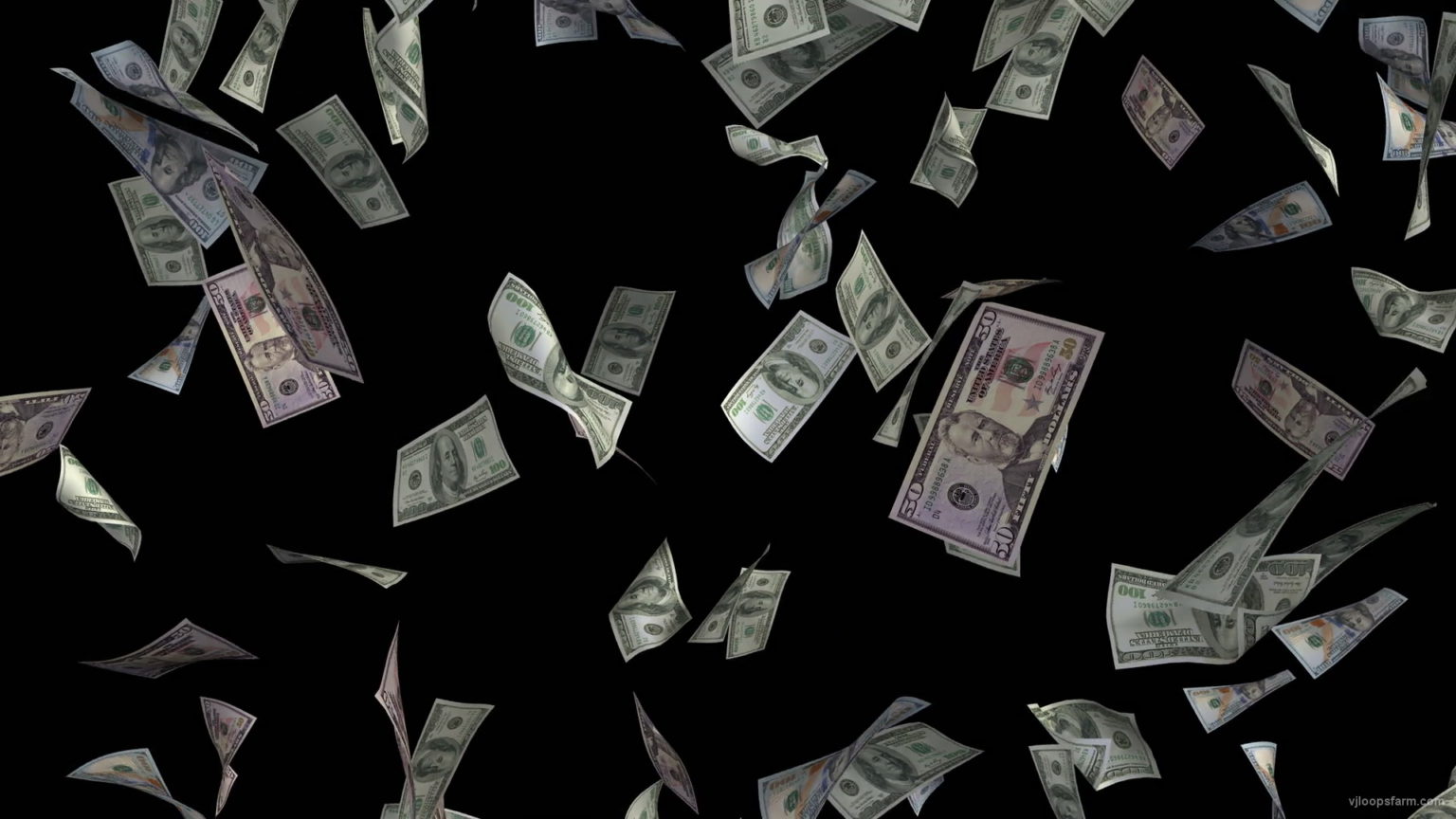 Classic money rain of US dollar bills on black background | VJ Loops Farm