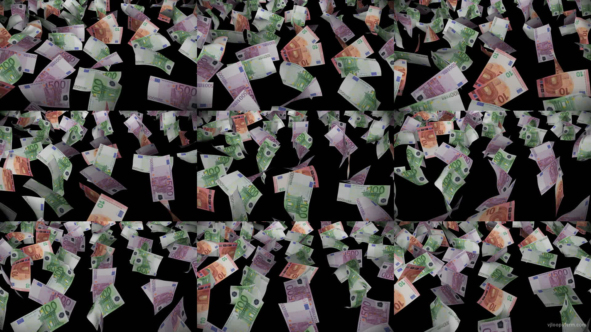 Euro paper money bills currency flow down on black background