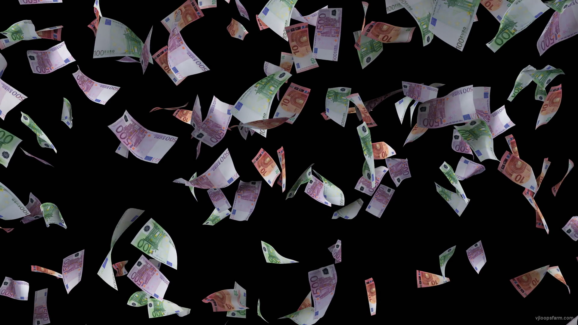 Millions of euros falling down money rain on black background