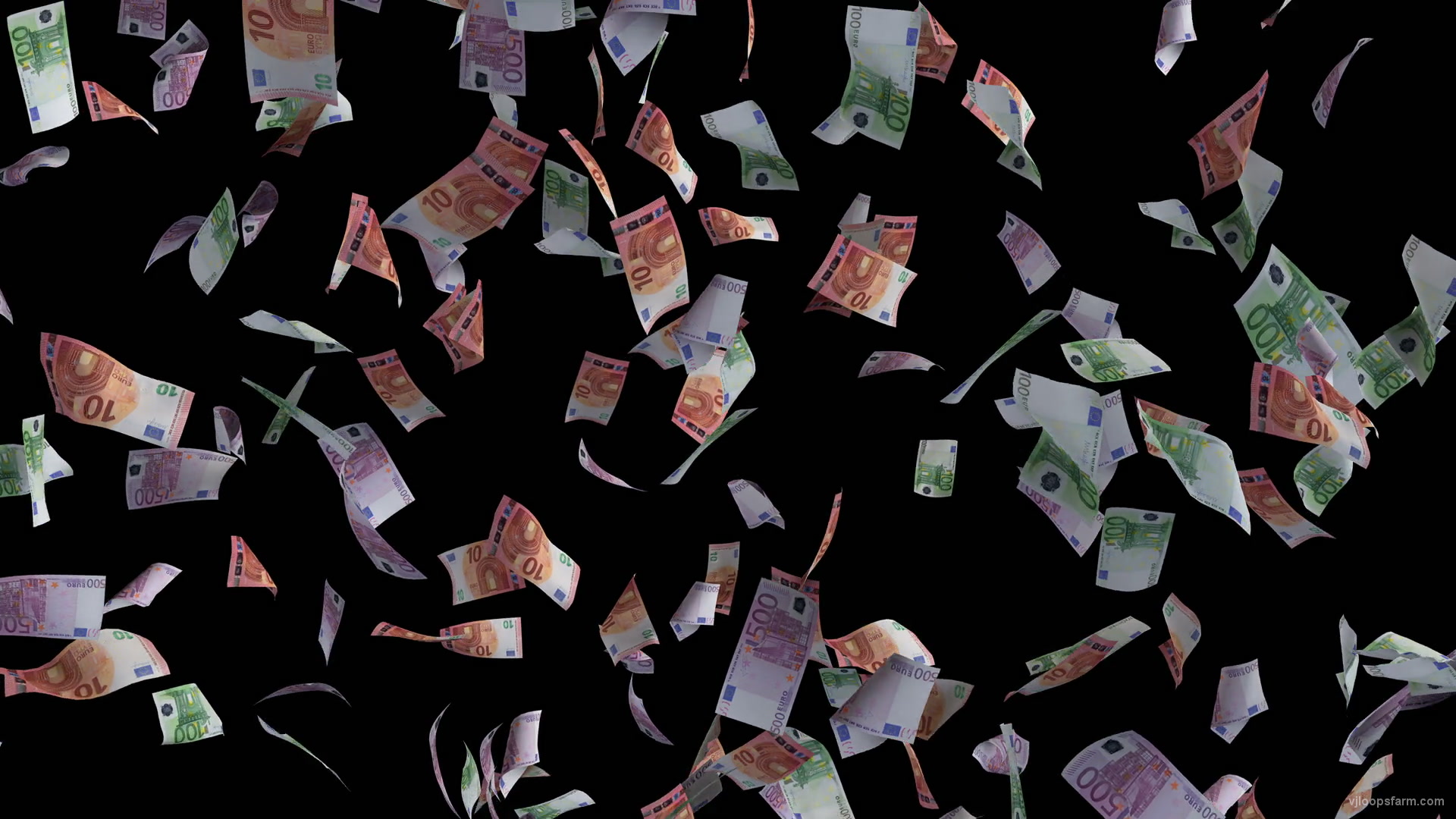 Millions of euros falling down money rain on black background