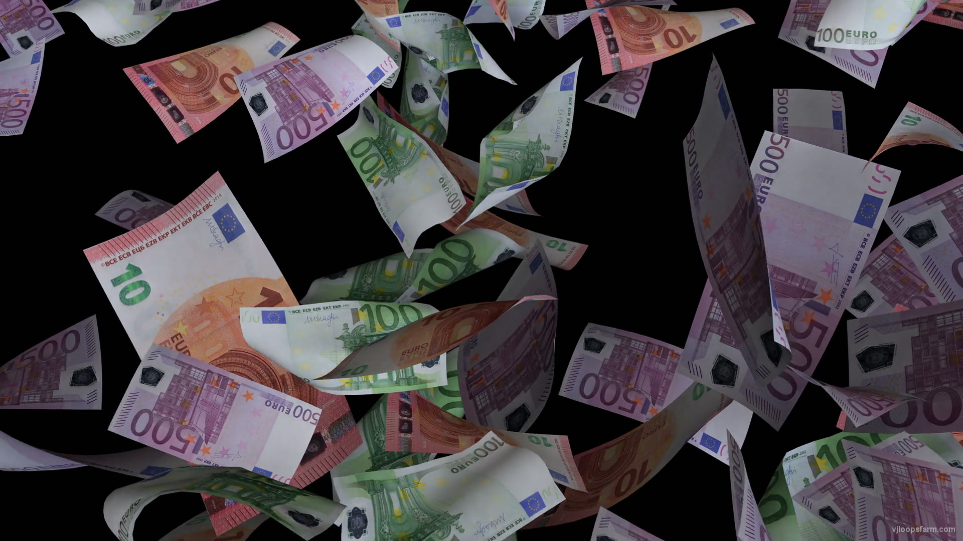 Slow falling down banknotes euro currency motion background