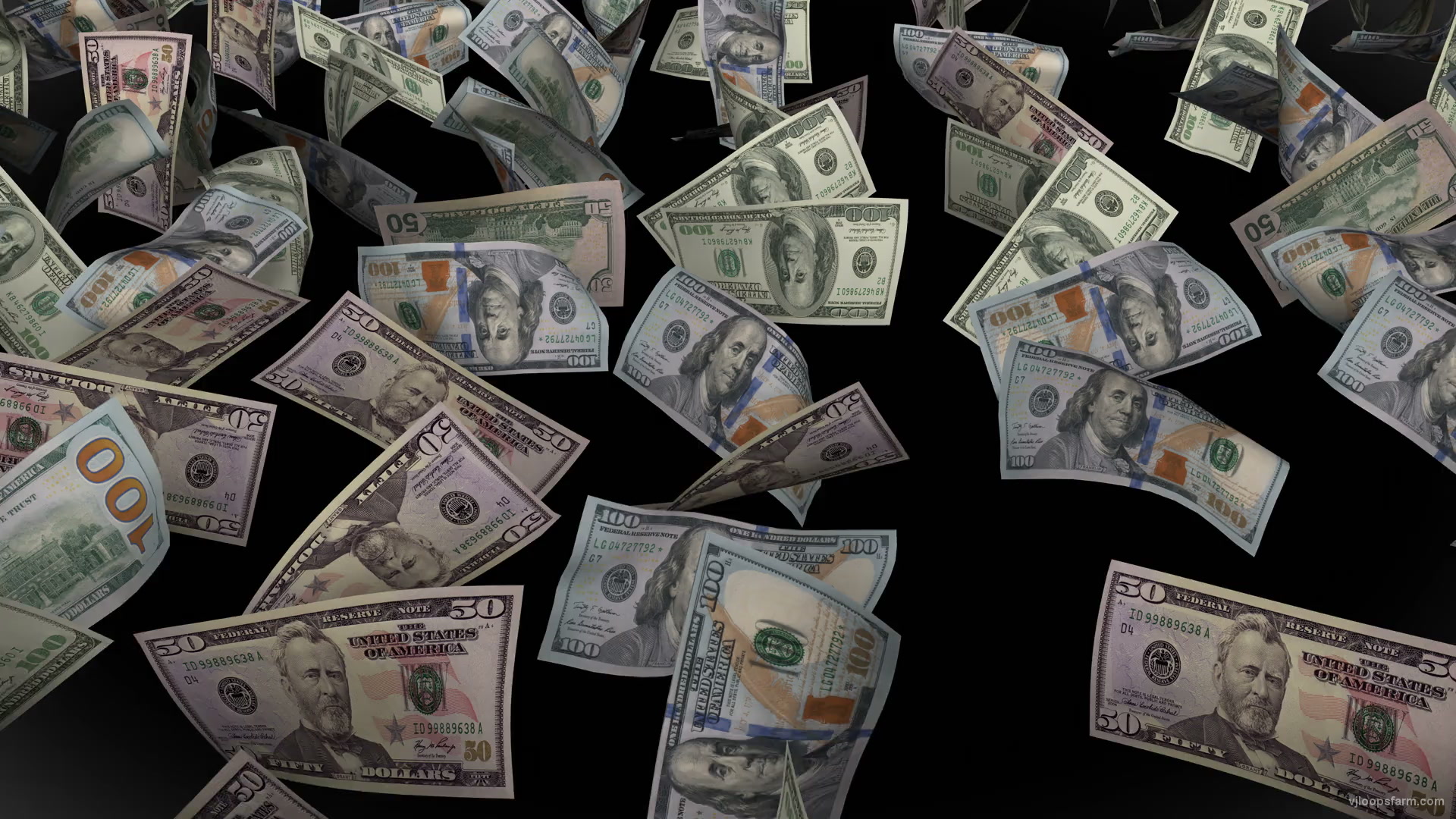 Slowly moving down raws of flying US dollar bills currency on black background