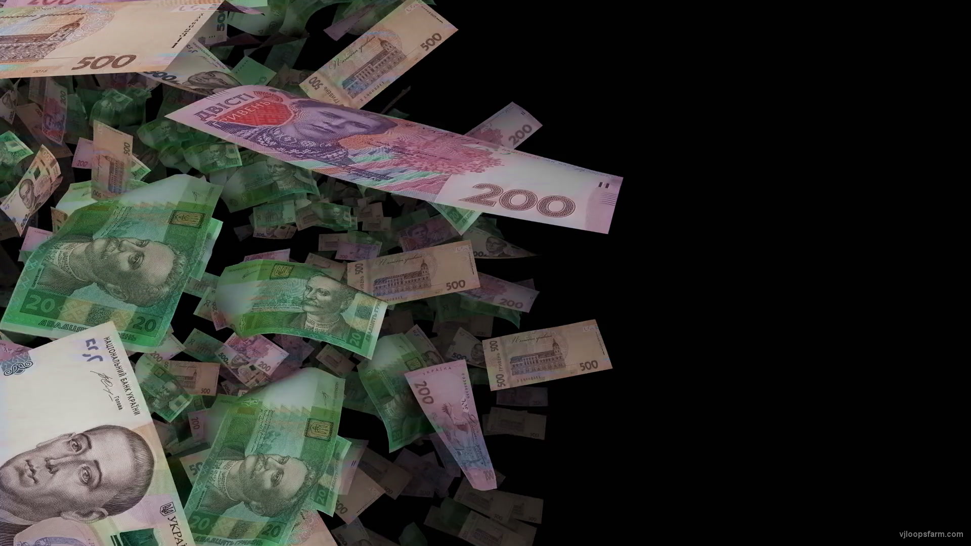 Ukrainian currency hrivna paper bills rotating in cloud on black background