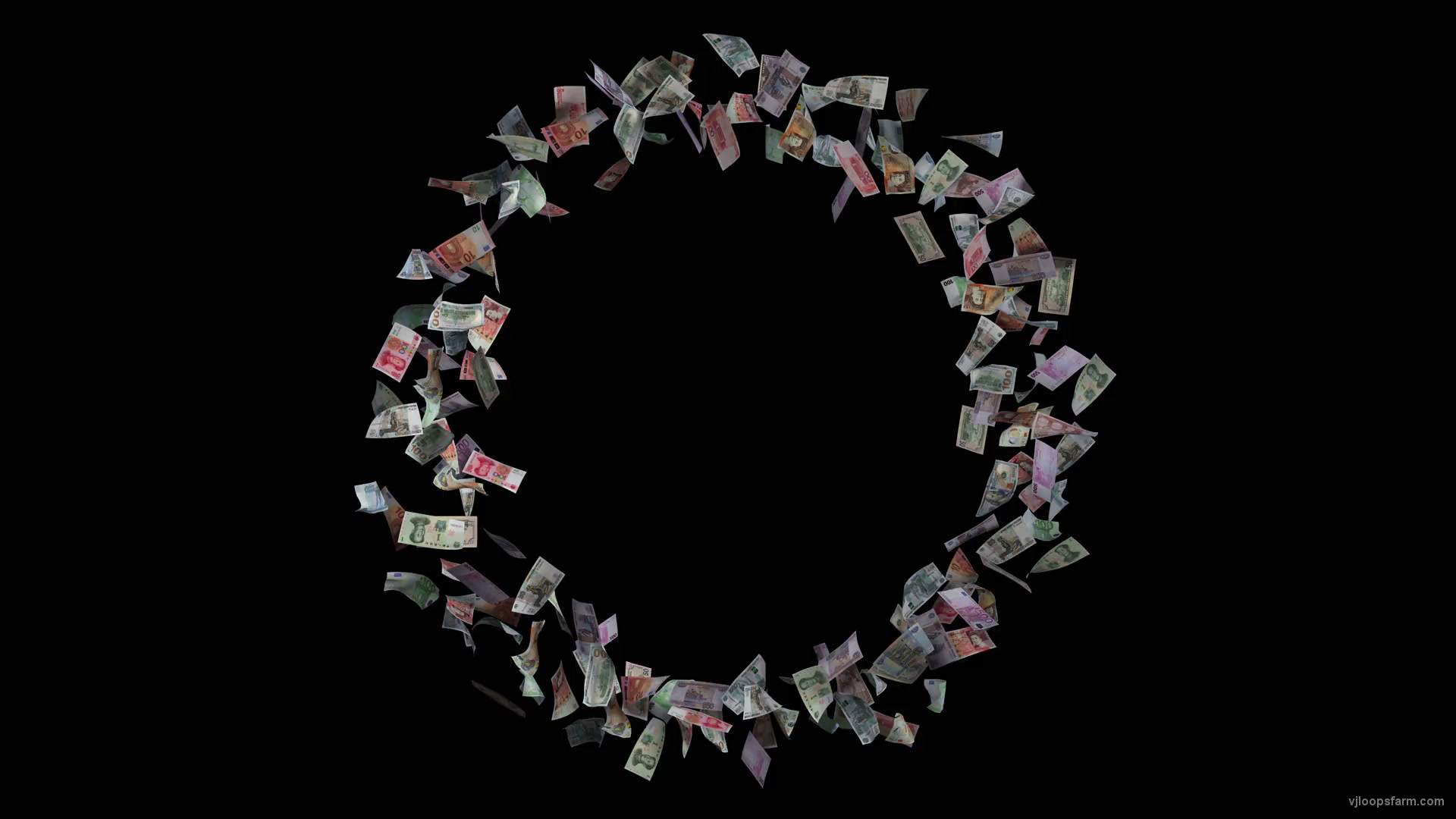Various currency paper bills moving in circle 3D animation