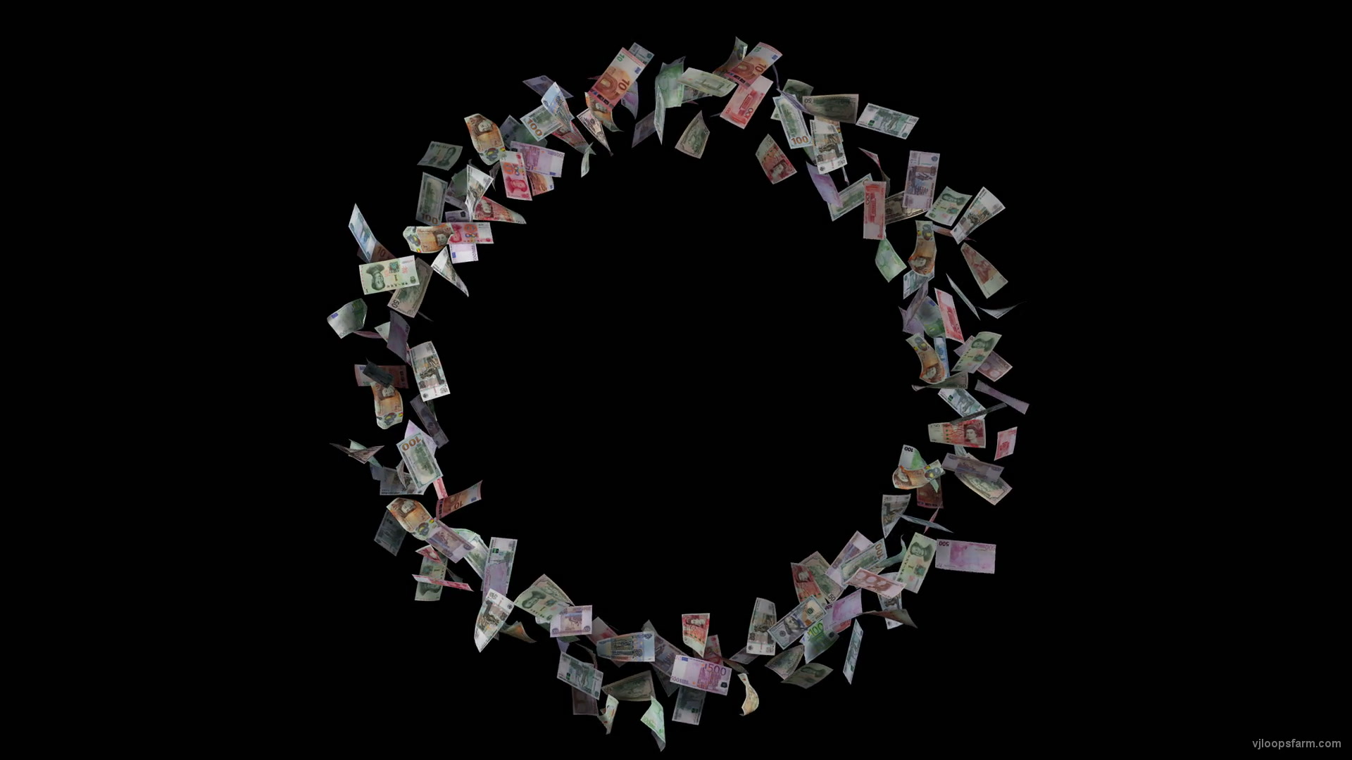 Various currency paper bills moving in circle 3D animation
