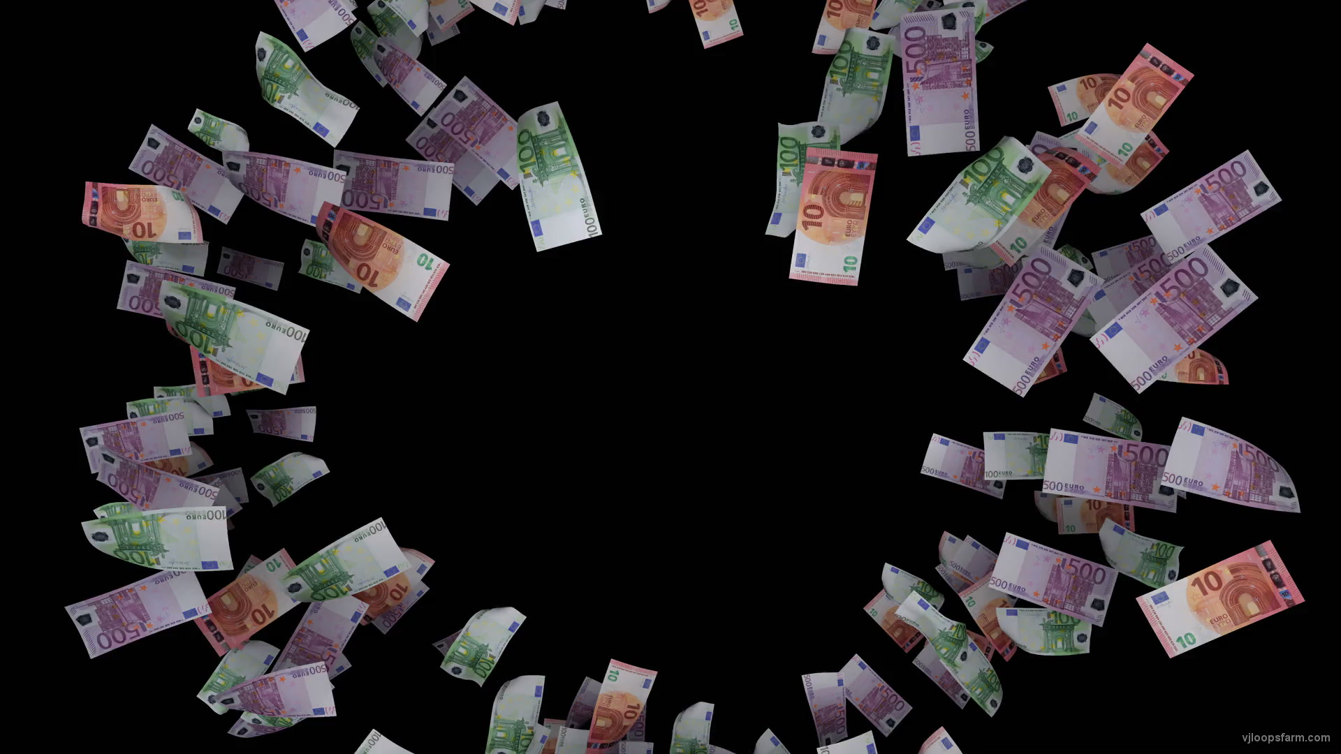Wide crowd of euro bills currency flying in circle