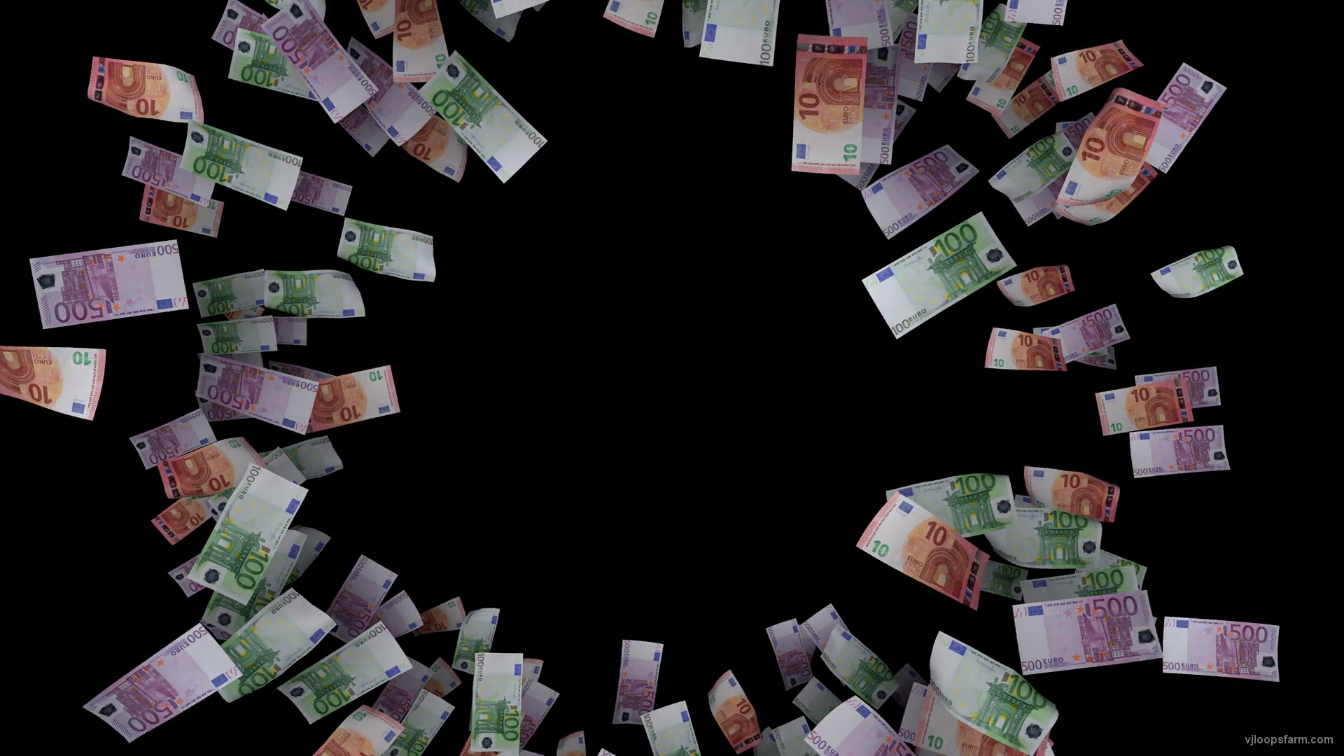 Wide crowd of euro bills currency flying in circle