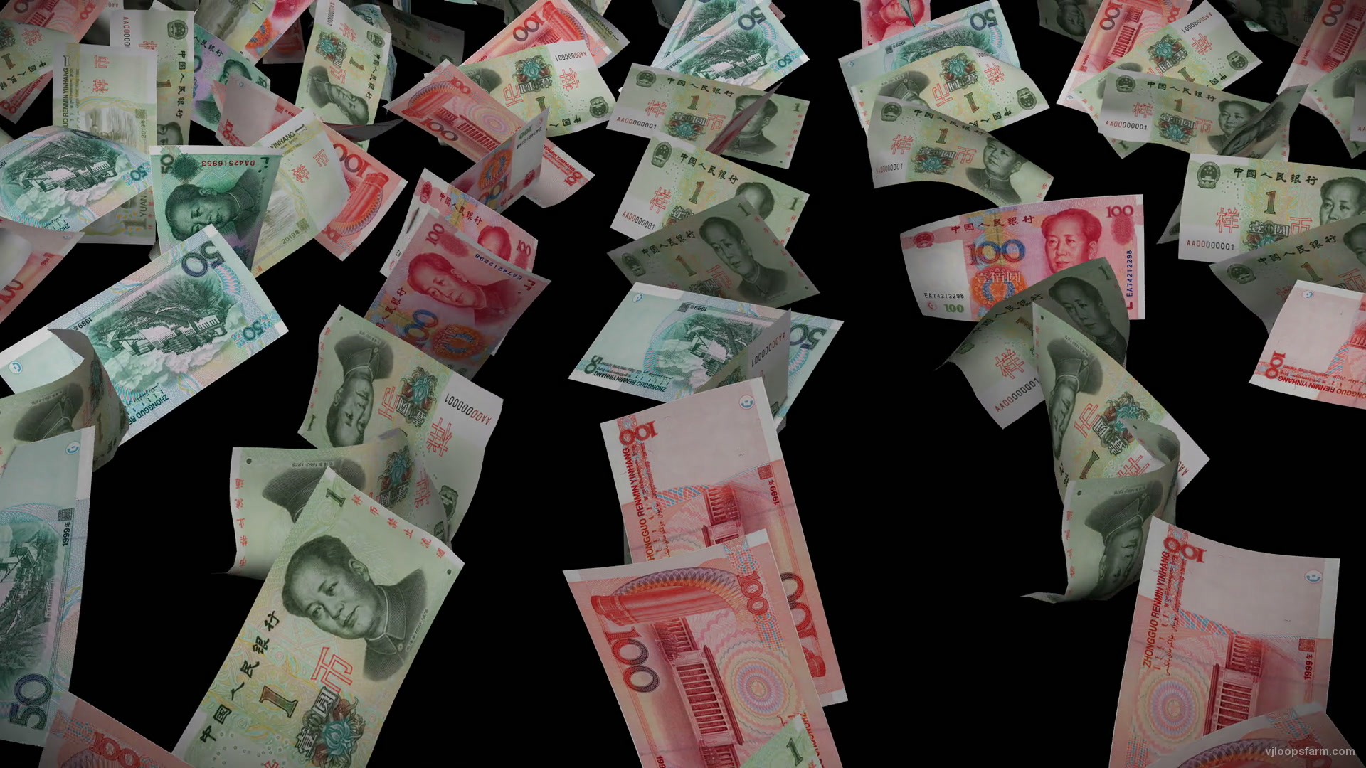 Yuan Chinese currency flowing down money motion background