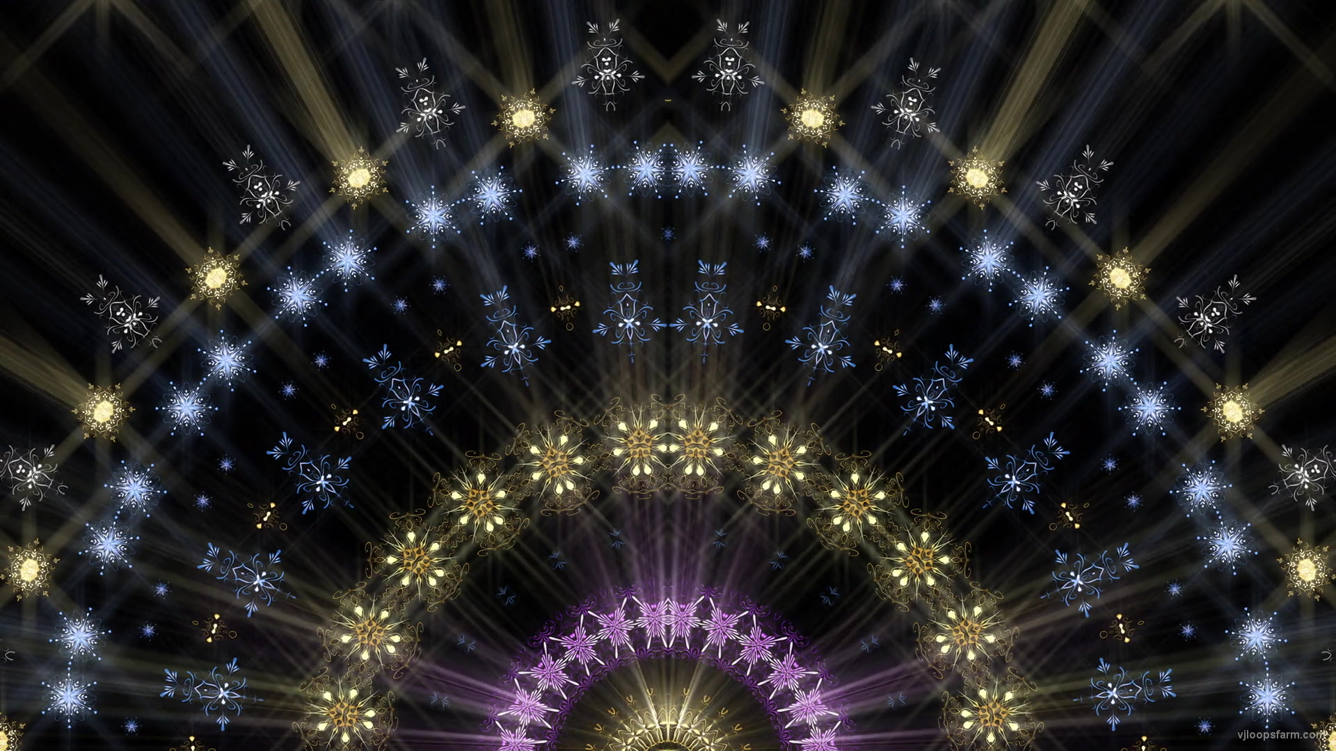 Radial Mirror Snowflake pattern in gold-blue-pink stars with rays Ultra HD VJ Loop