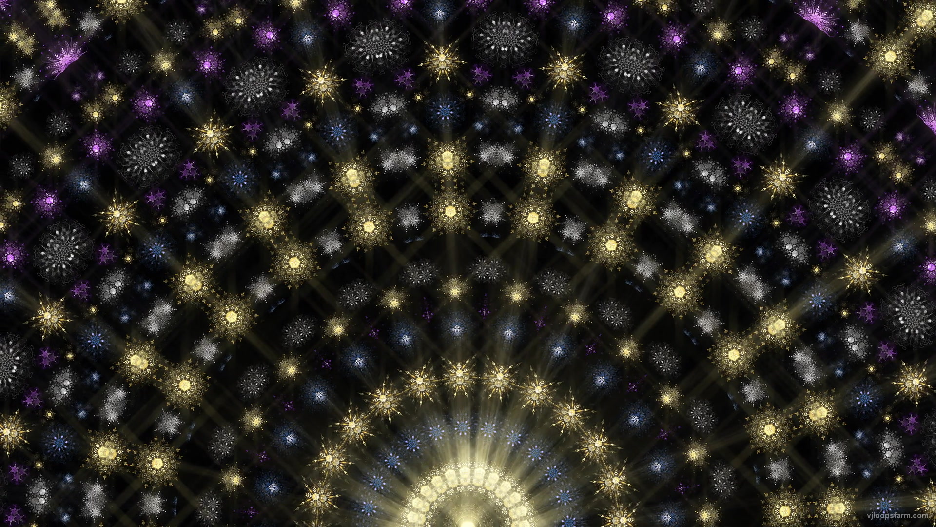Radial Rotation Snowflake pattern in gold-blue-pink stars with rays Ultra HD VJ Loop