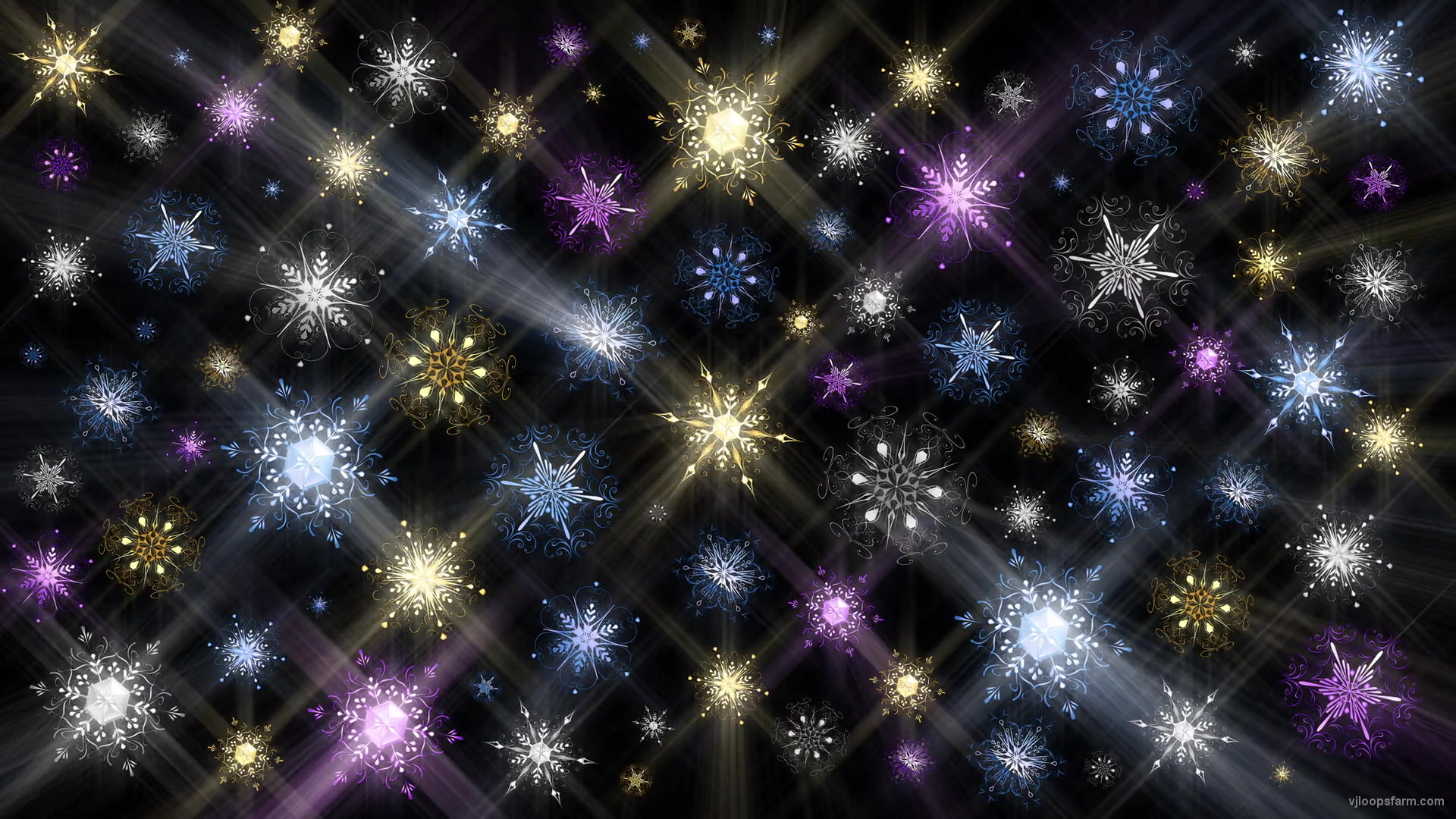Snowflake gold-blue-pink stars wall pattern with rays Ultra HD VJ Loop