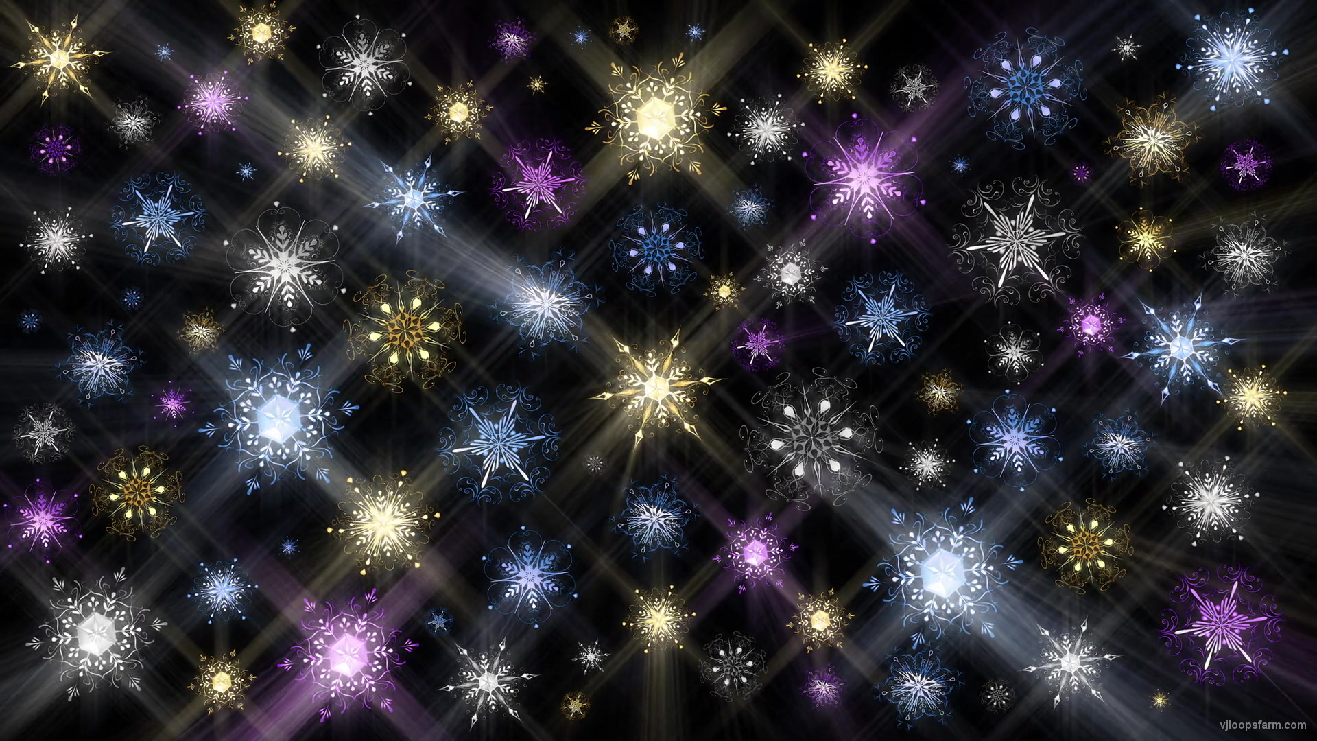 Snowflake gold-blue-pink stars wall pattern with rays Ultra HD VJ Loop
