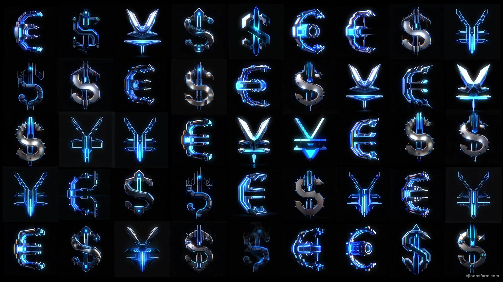 Cyberpunk Currency EUR USD YUN Isolated on Black Background Ultra HD Video
