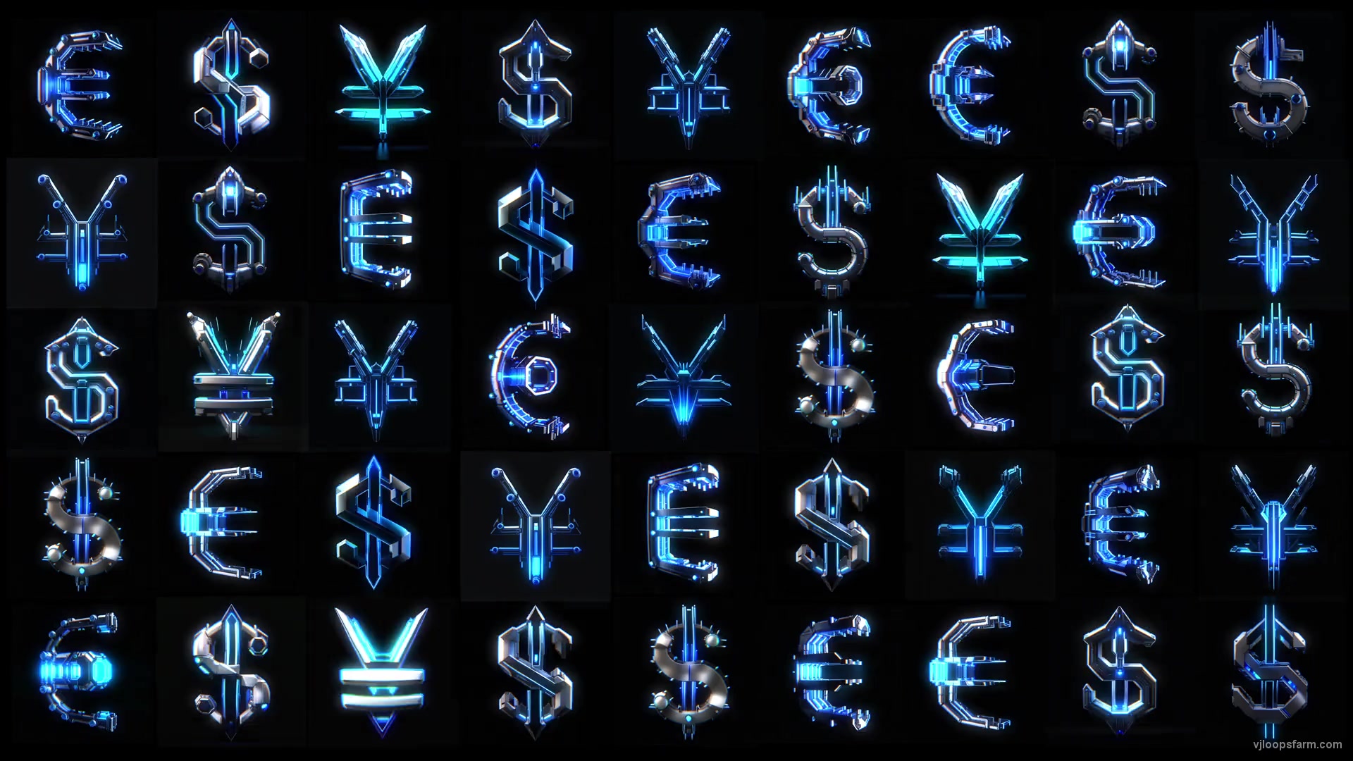 Cyberpunk Currency EUR USD YUN Isolated on Black Background Ultra HD Video