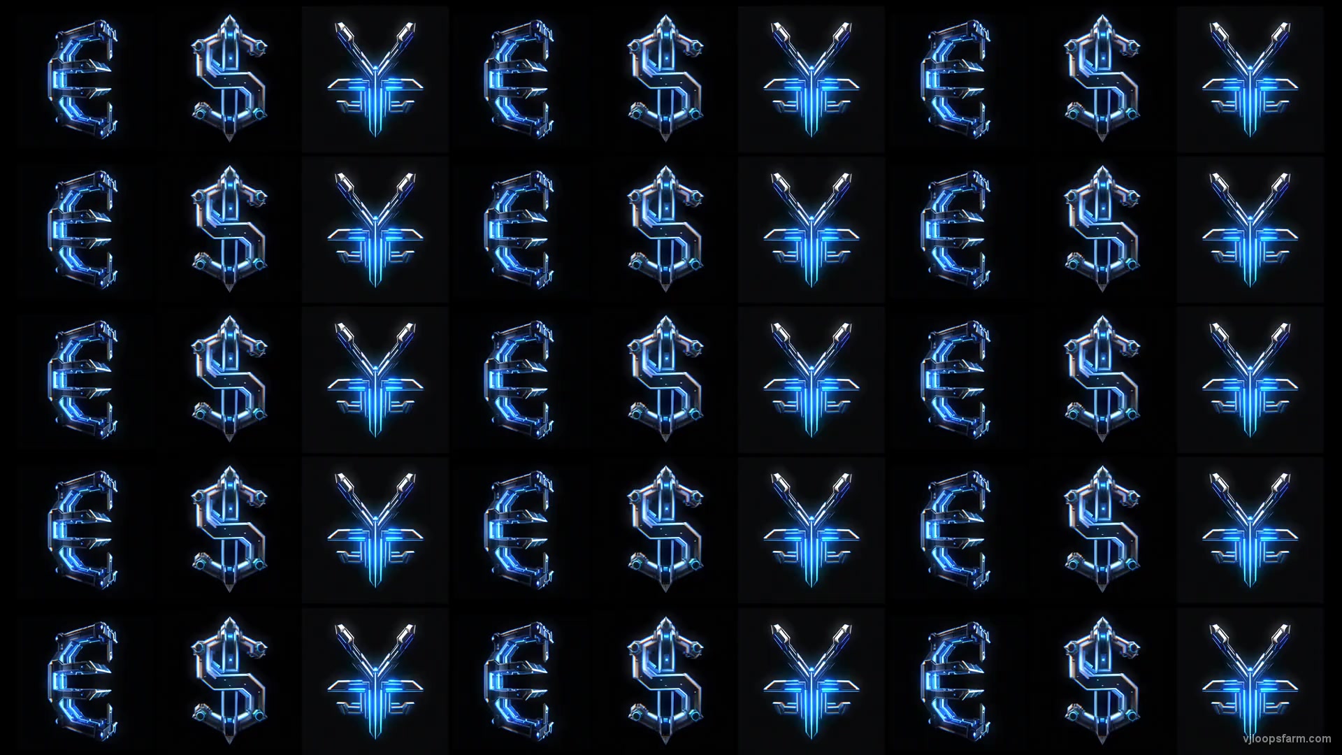 Cyberpunk EUR USD YUN Currency Signs Random Columns Pattern Video Motion Background
