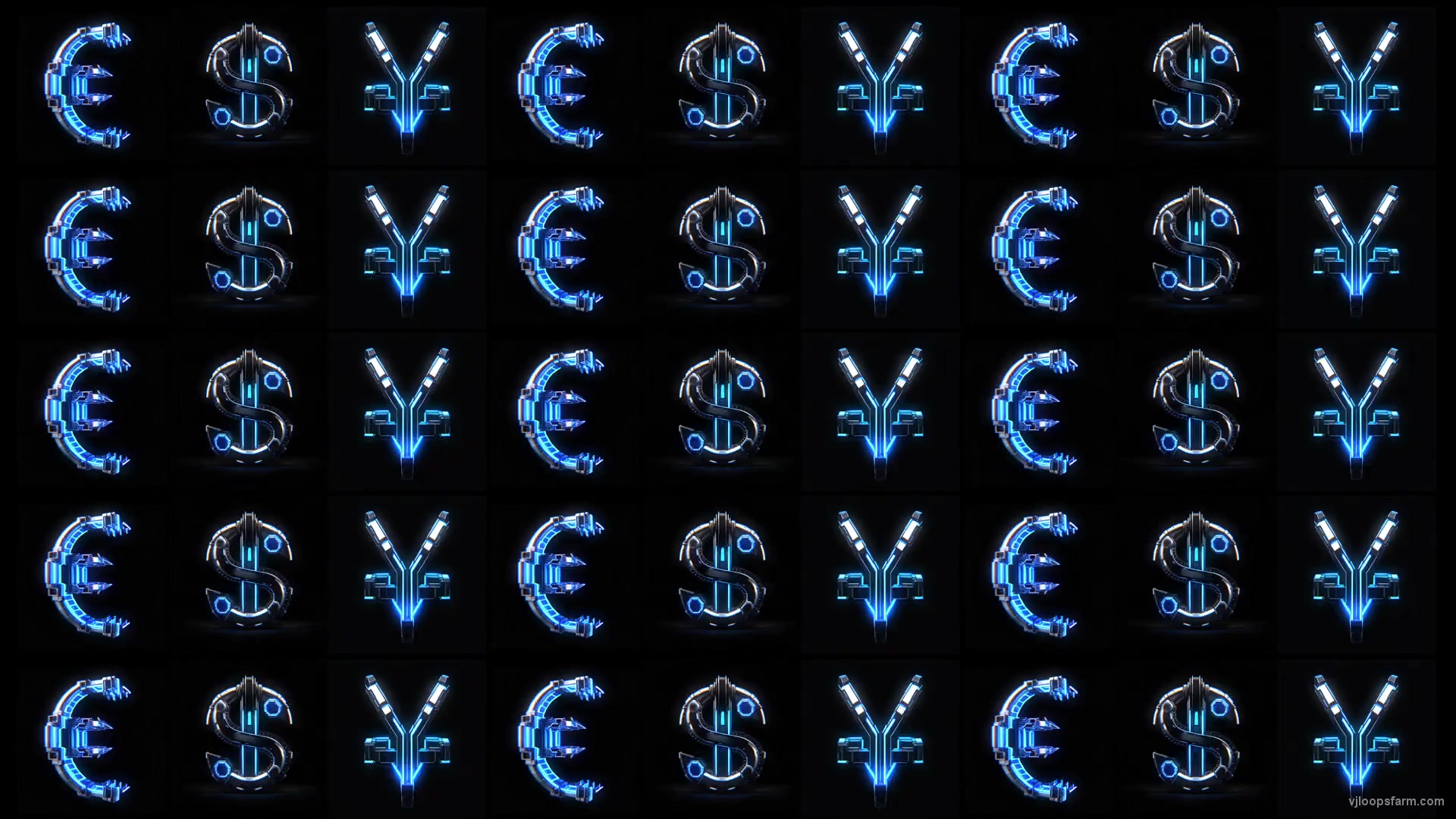 Cyberpunk EUR USD YUN Currency Signs Random Columns Pattern Video Motion Background