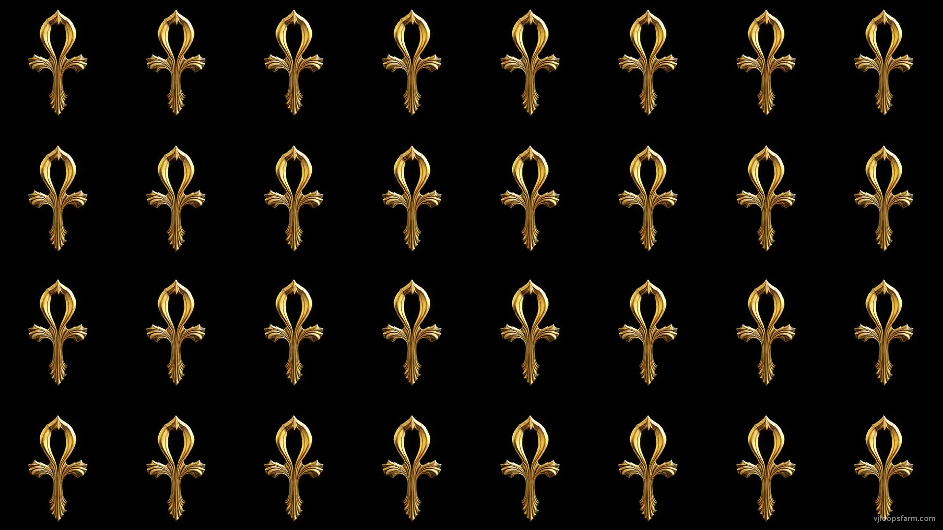 Art Deco golden Ank Cross elements Grid Pattern isolated on black background Ultra HD VJ Loop