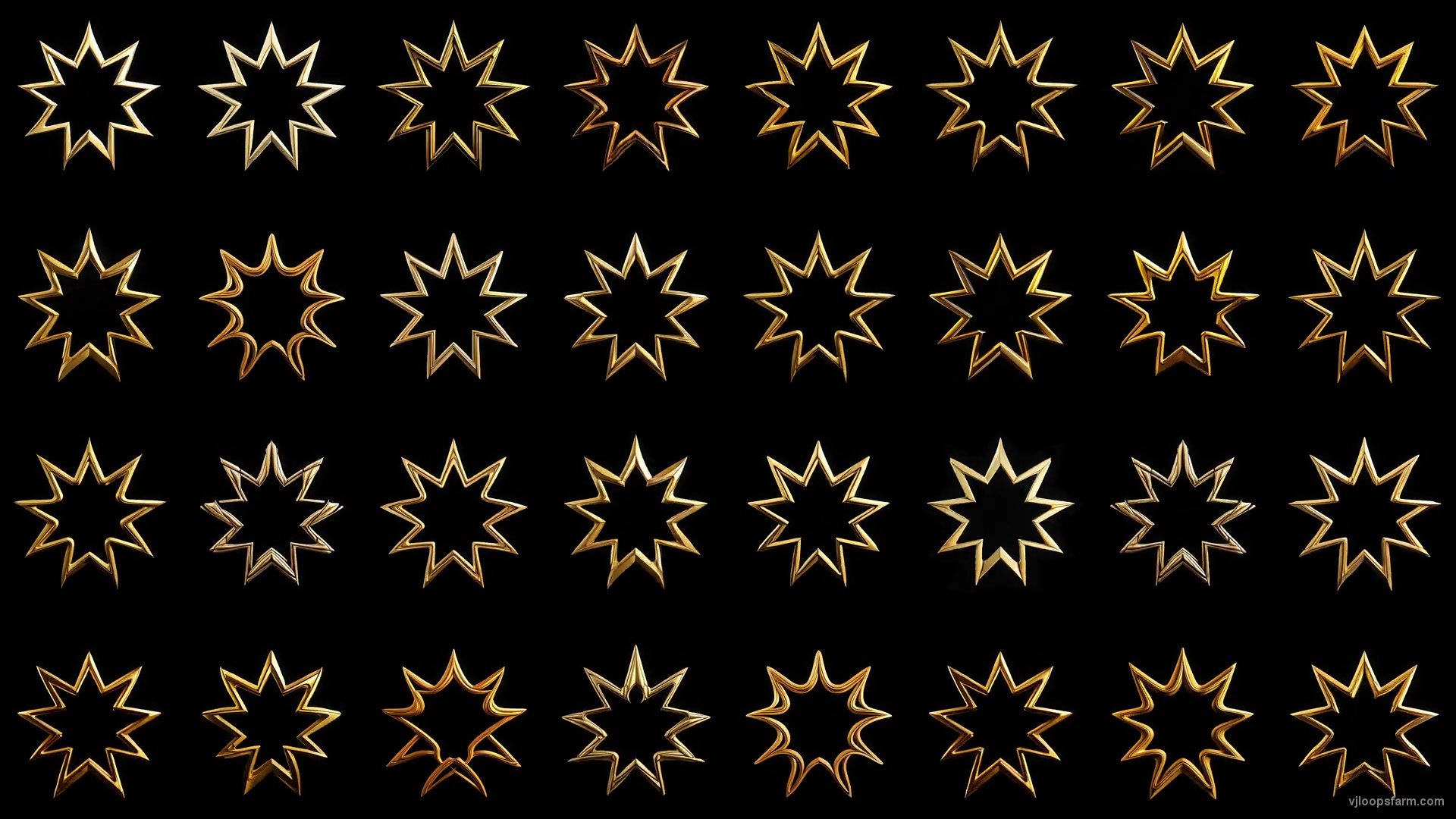 Art Deco golden Bahai Star Random elements Grid Pattern isolated on black background