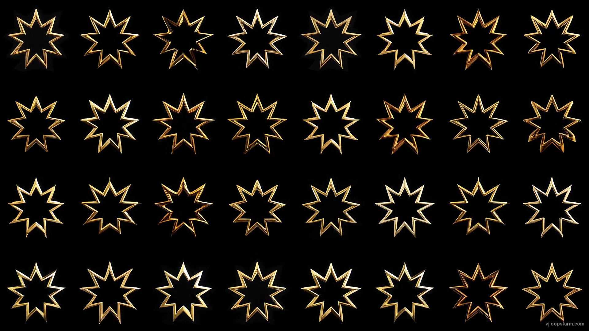 Art Deco golden Bahai Star Random elements Grid Pattern isolated on black background