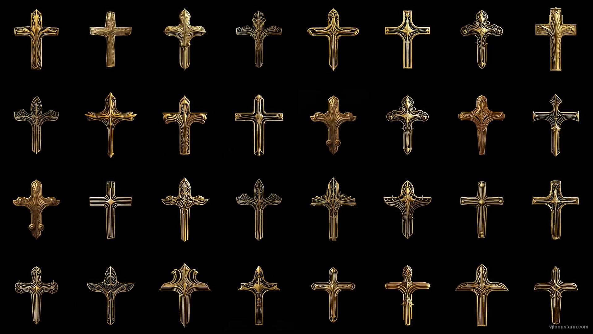 Art Deco golden Christian Cross Random elements Grid Pattern isolated on black background Ultra HD VJ Loop