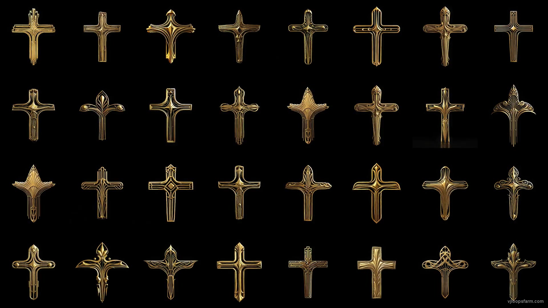Art Deco golden Christian Cross Random elements Grid Pattern isolated on black background Ultra HD VJ Loop